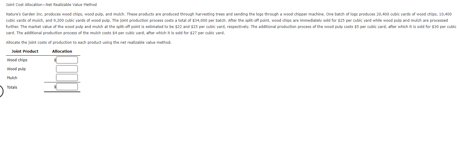 Joint Cost AllocationNet Realizable Value Method Natures Garden Inc. produces wood chips,