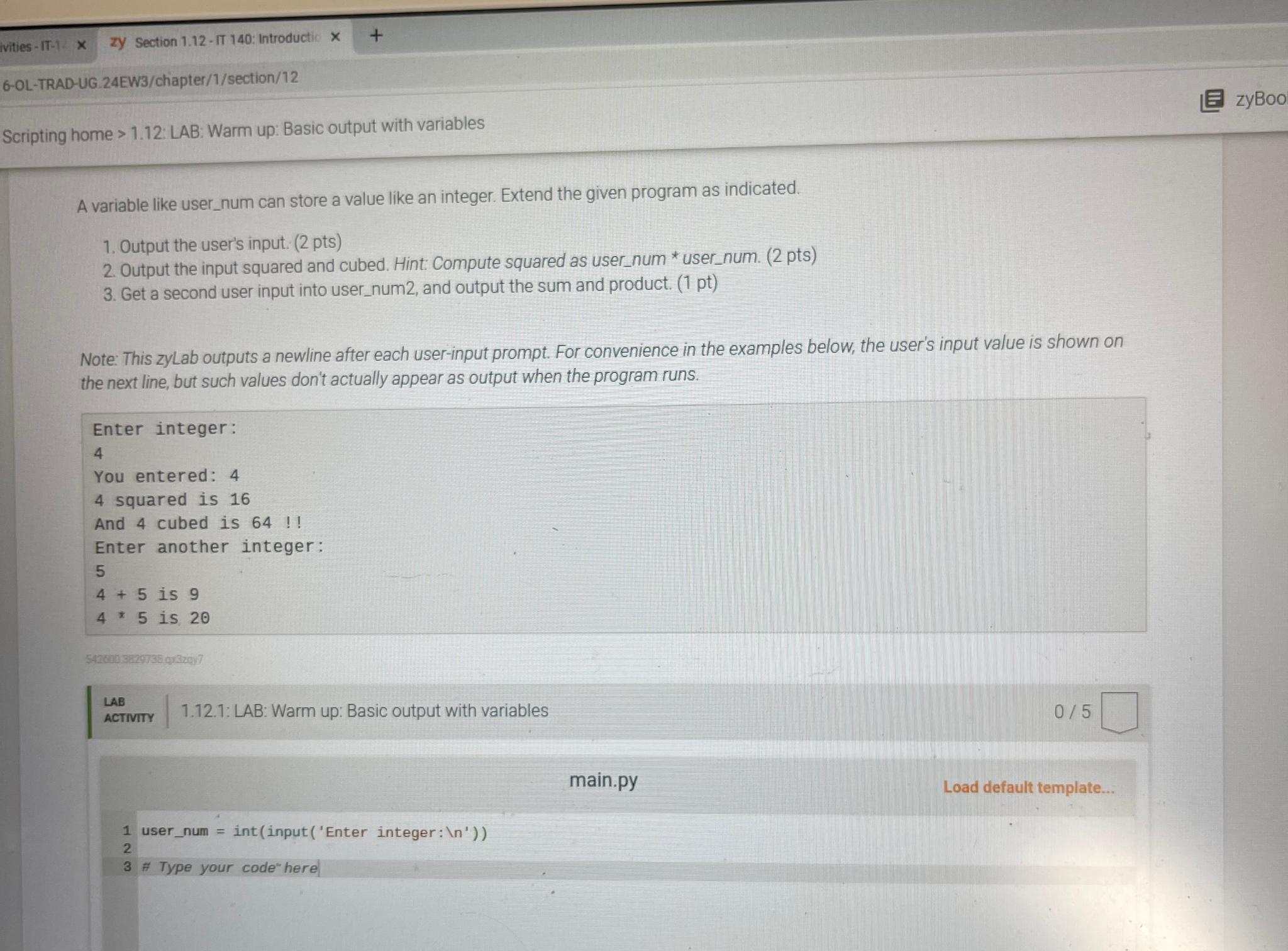  6-OL-TRAD-UG.24EW3/chapter/1/section/12 Scripting home >1.12: LAB: Warm up: Basic output with variables