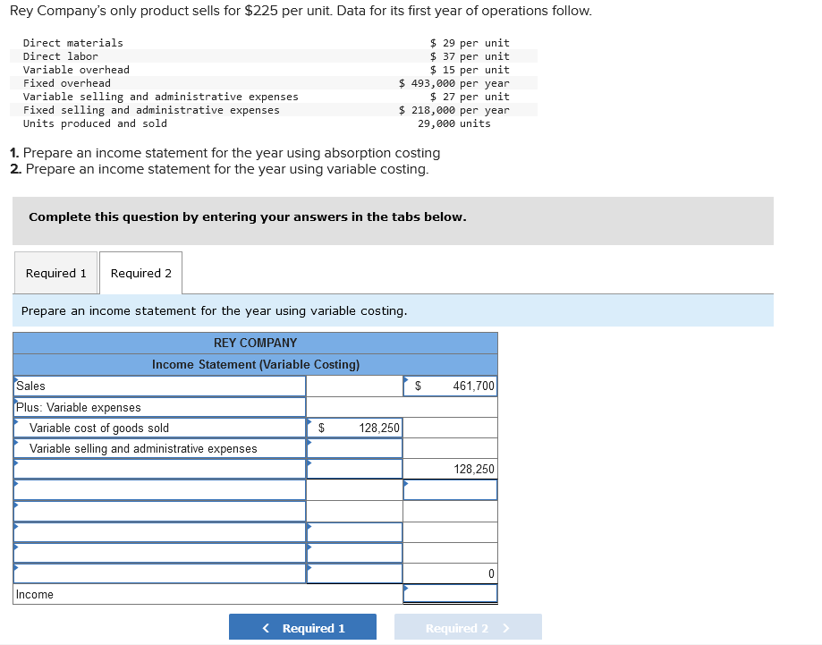  1. Prepare an income statement for the year using absorption costing