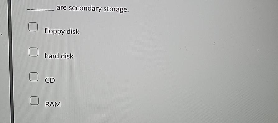  are secondary storage. floppy disk hard disk CD RAM 