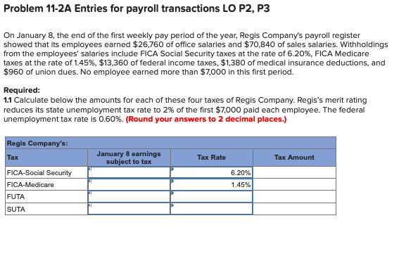  Problem 11-2A Entries for payroll transactions LO P2, P3 On January