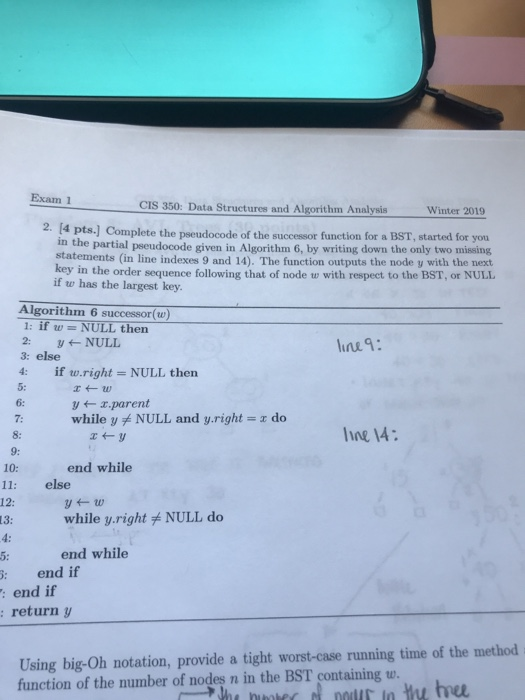  Data Structures and Algorithms: BST. Complete the Pseudocode of the successor