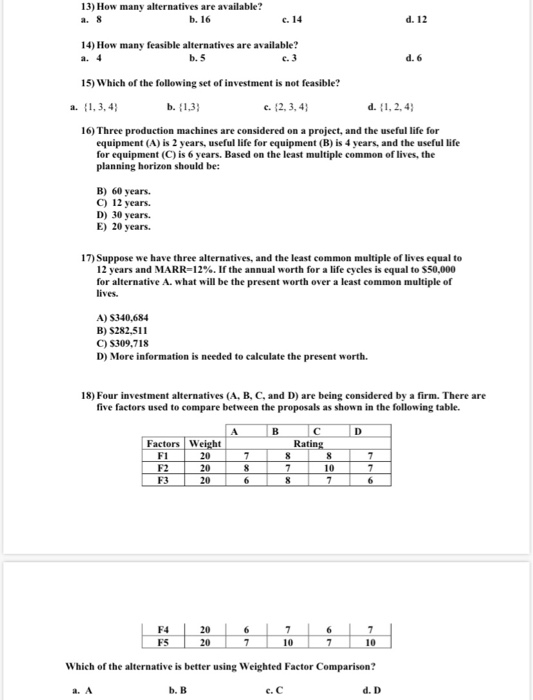 short answer 13) How many alternatives are available? b. 16 c. 14