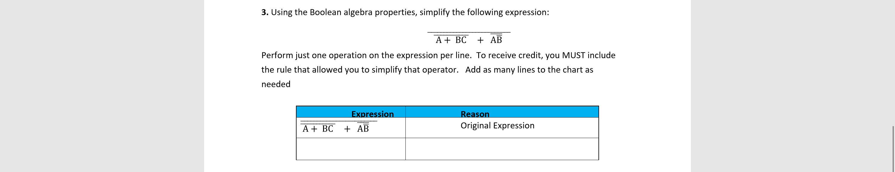  3. Using the Boolean algebra properties, simplify the following expression: +