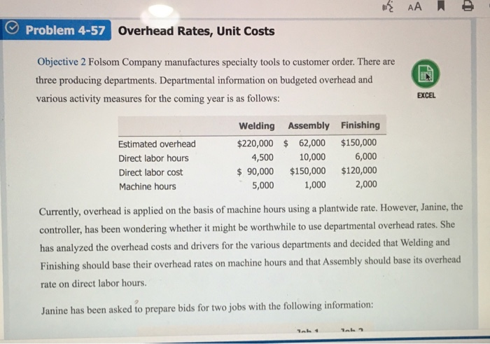  AA Problem 4-57 Overhead Rates, Unit Costs Objective 2 Folsom Company