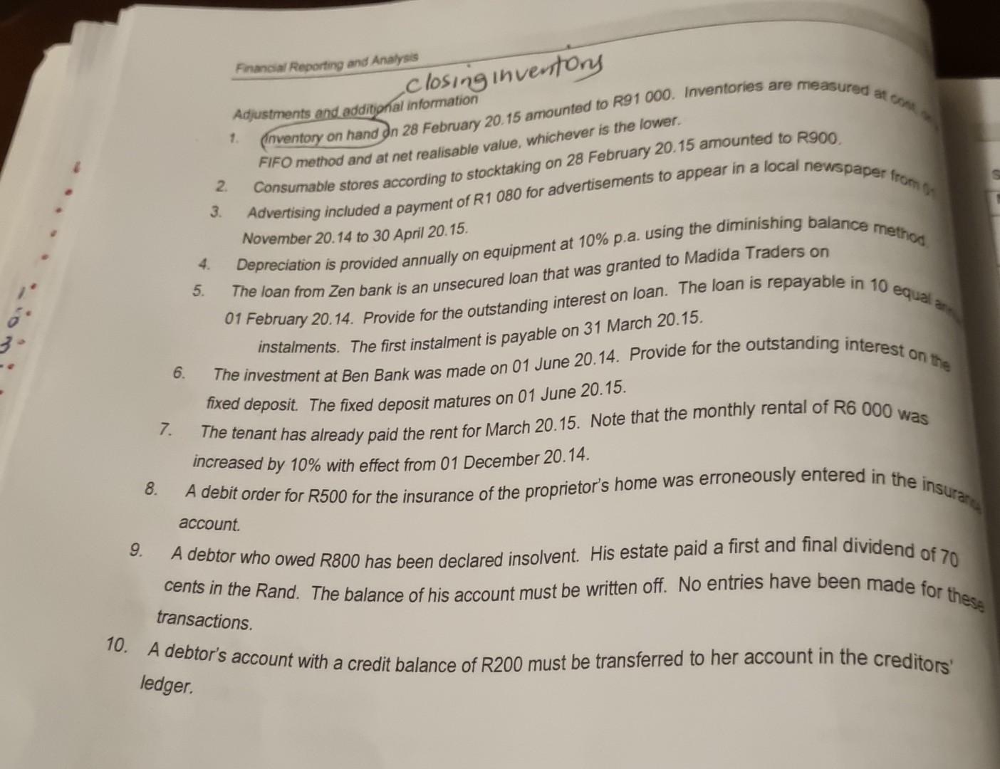 c Financial Reporting and Analysis closing inventons Adjustments and additional information 1.