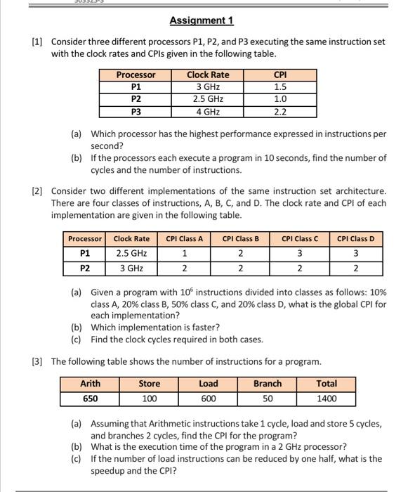  Assignment 1 [1] Consider three different processors P1,P, and P3 executing