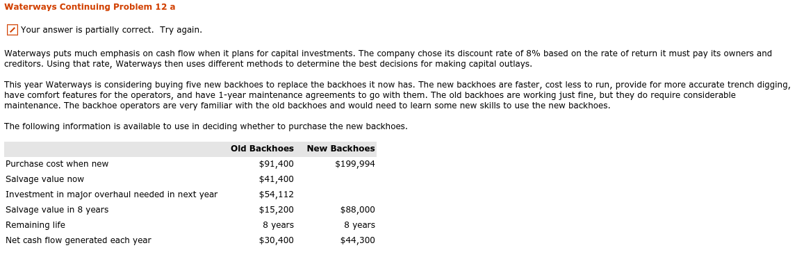 Waterways Continuing Problem 12 a Your answer is partially correct. Try