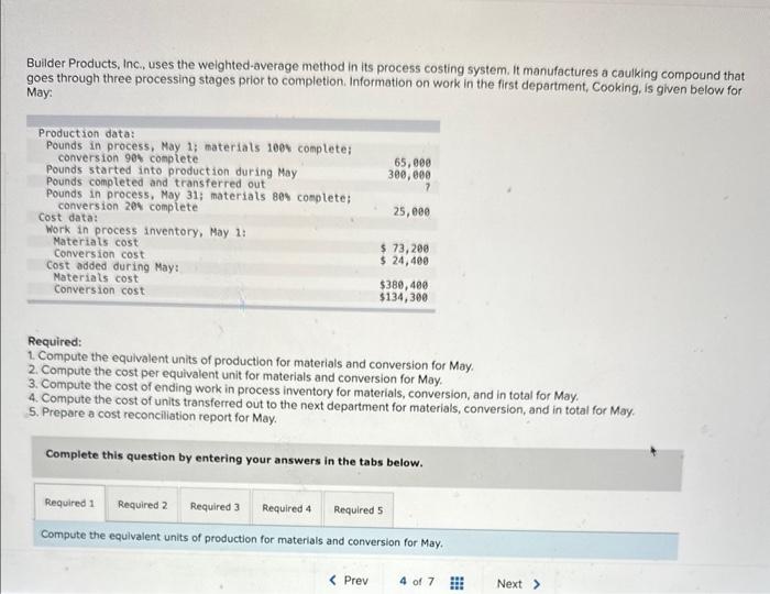  Bulider Products, Inc., uses the weighted-average method in its process costing