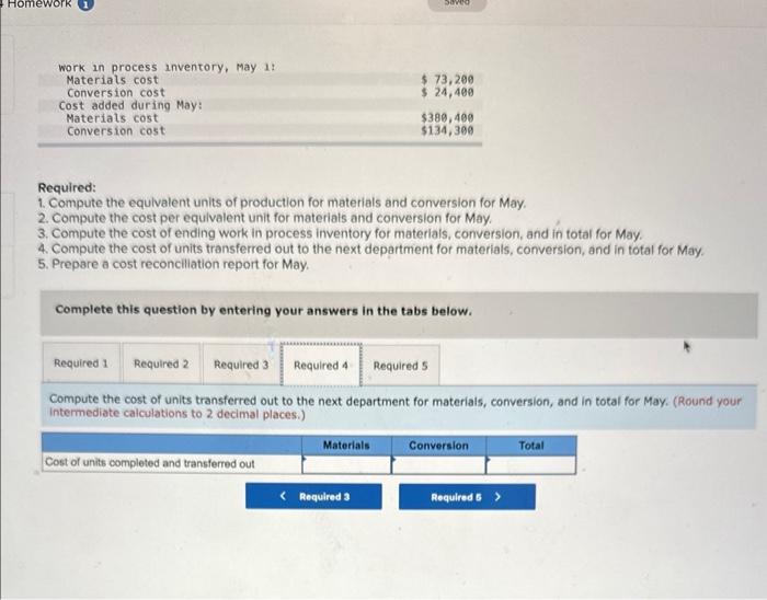 for materials and conversion for May. 2. Compute the cost per equivalent