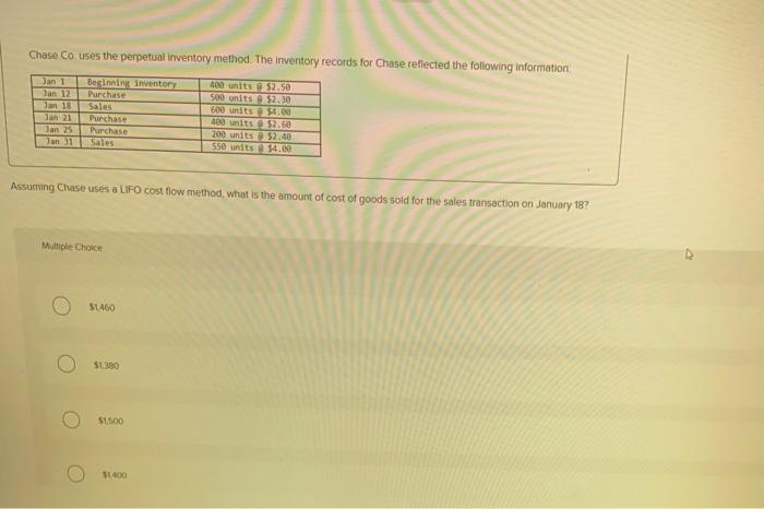  Chase Co uses the perpetual inventory method. The inventory records for