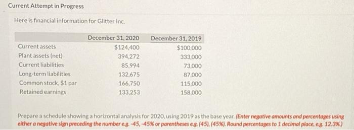  Current Attempt in Progress Here is financial information for Glitter Inc.