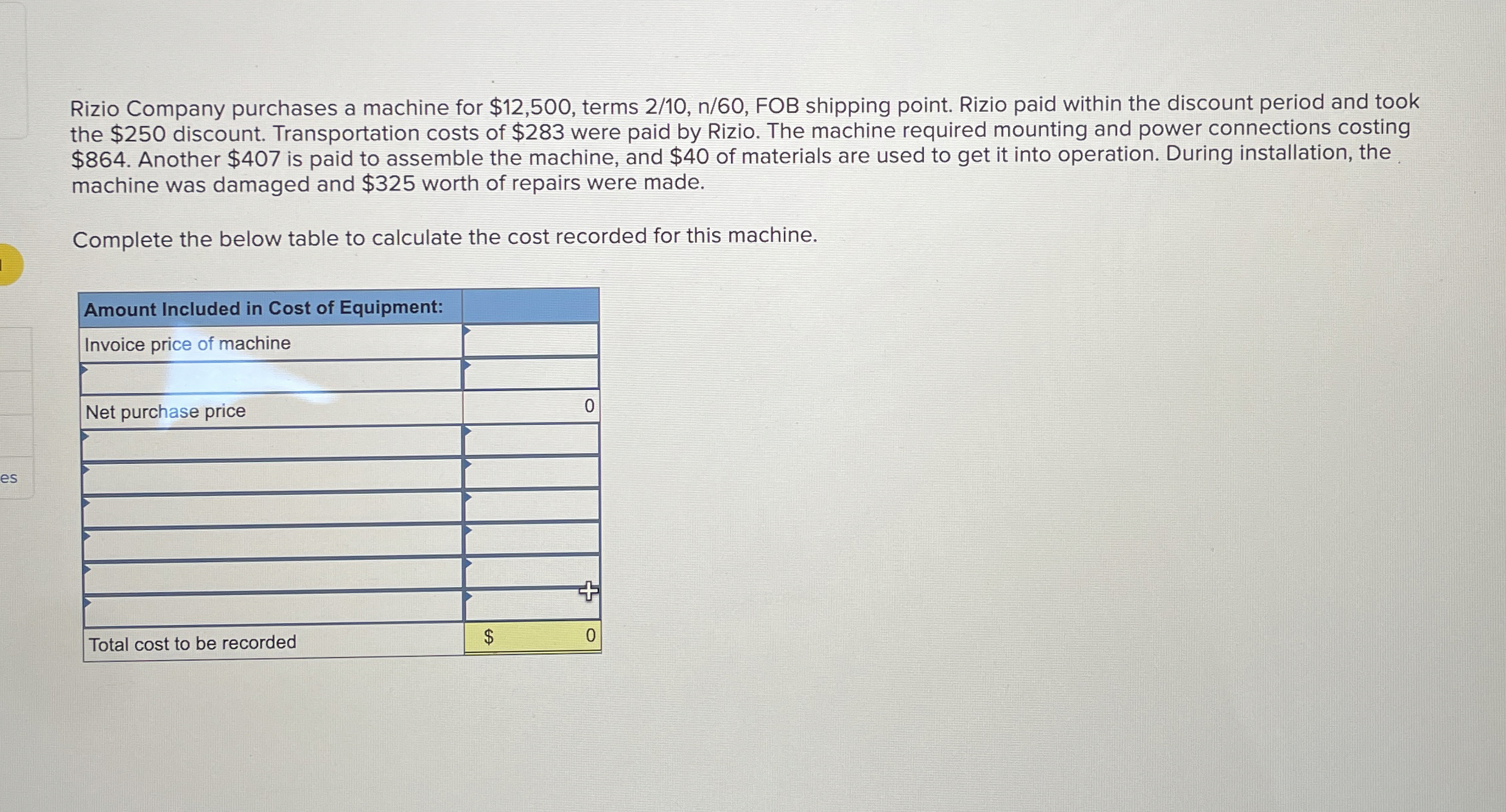  Rizio Company purchases a machine for $12,500, terms 210,n60, FOB shipping