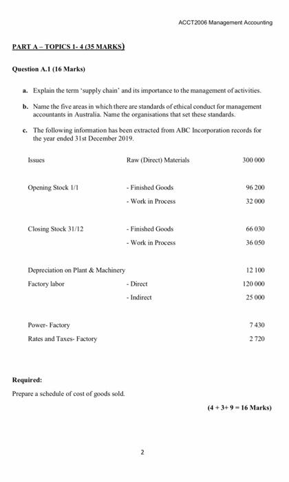  ACCT2006 Management Accounting Question A1 (16 Marks) Explain the term 'supply