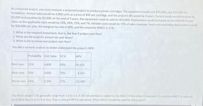  As a financial aralyst, you must evaluate a proposed project to