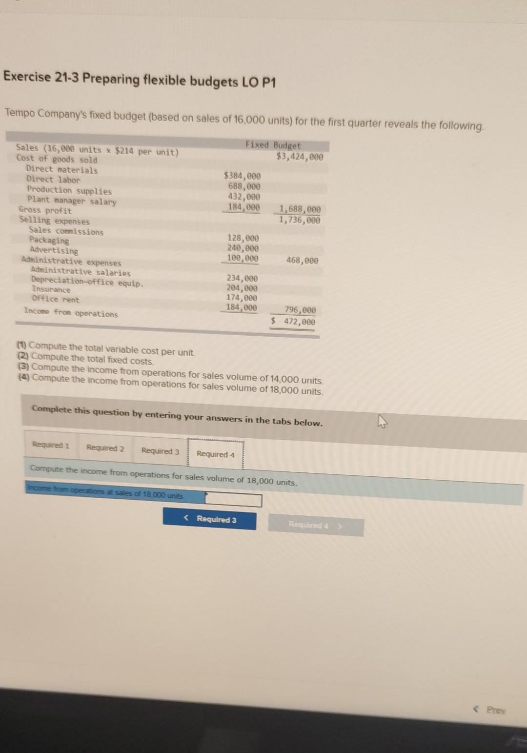 $384,000 688,000 432,000 184,000 1,688,000 1,736,000 Sales (16,000 units $214 per unit)