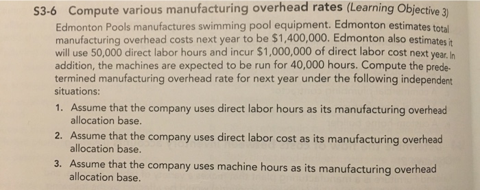  S3-6 Compute various manufacturing overhead rates (Learning Objective 2 Edmonton Pools