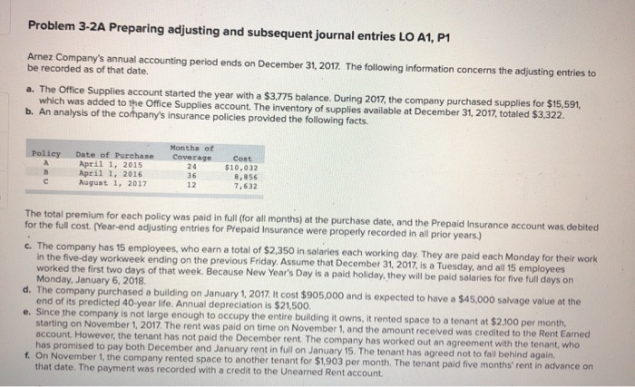  Problem 3-2A Preparing adjusting and subsequent journal entries LO A1, P1