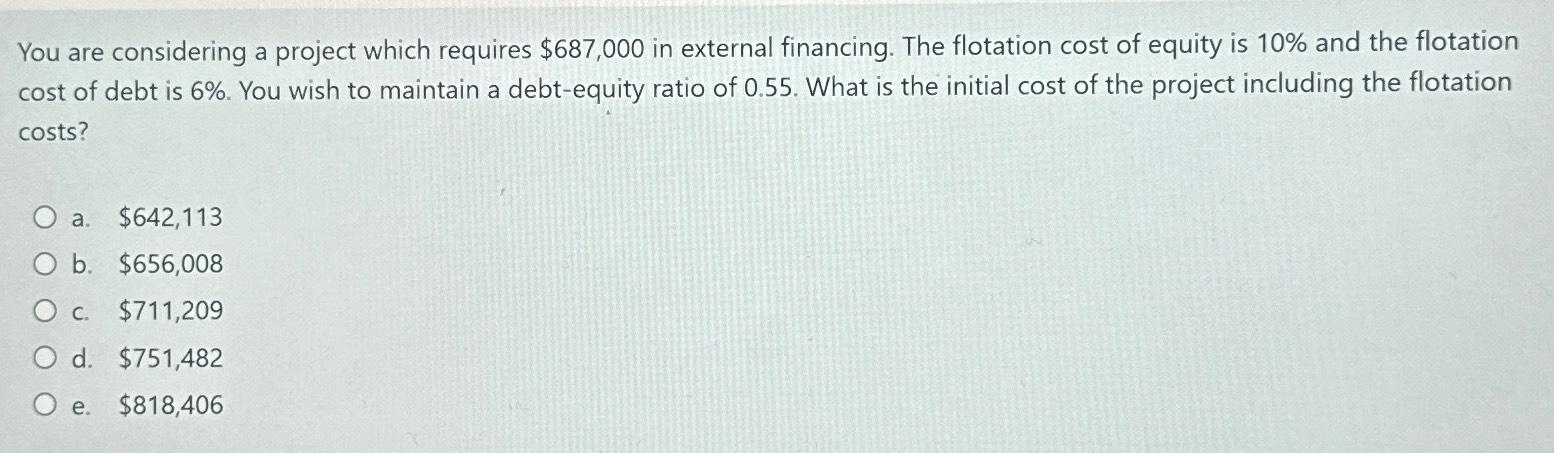  You are considering a project which requires $687,000 in external financing.