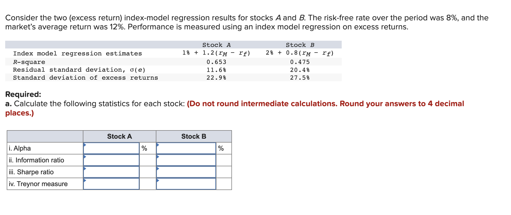  Consider the two (excess return) index-model regression results for stocks A