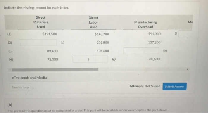  Indicate the missing amount for each letter. Direct Materials Used Direct