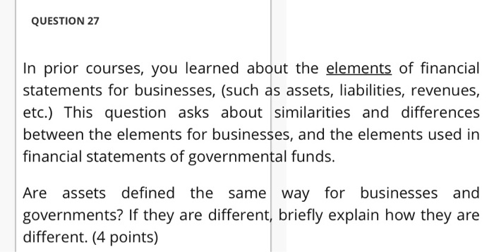  QUESTION 27 In prior courses, you learned about the elements of