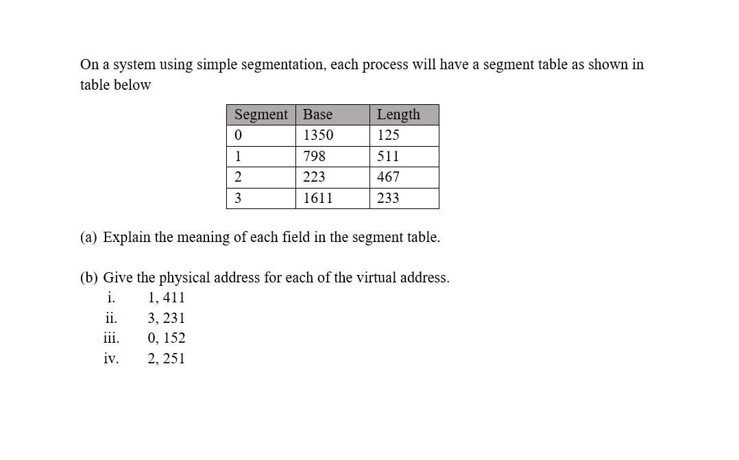  On a system using simple segmentation, each process will have a