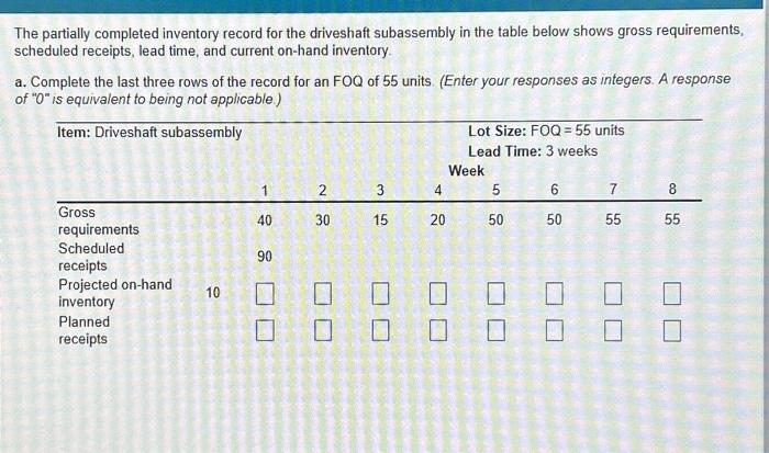  The partially completed inventory record for the driveshaft subassembly in the