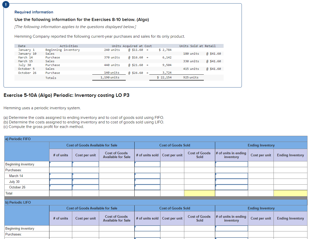 Help with LIFO, FIFO, Weighted average. Required information Use the following information