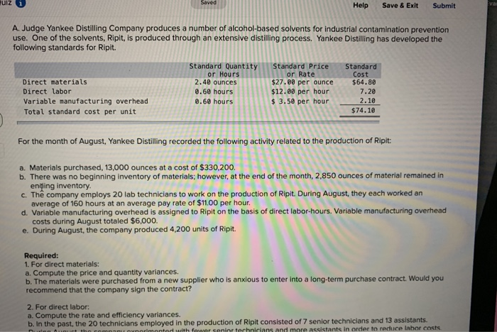 uiz i Help Save & Exit Submit A. Judge Yankee Distilling