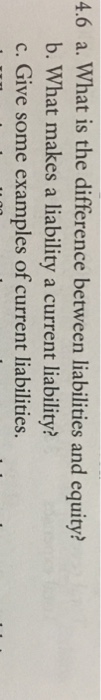  a. What is the difference between liabilities and equity? b. What