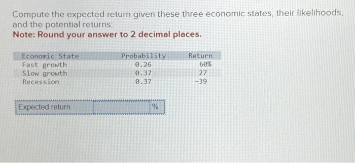  Compute the expected return given these three economic states, their likelihoods.