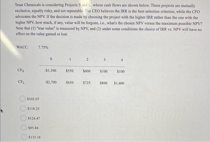 Tesar Chemicals is considering Projects S and L, whose cash flows