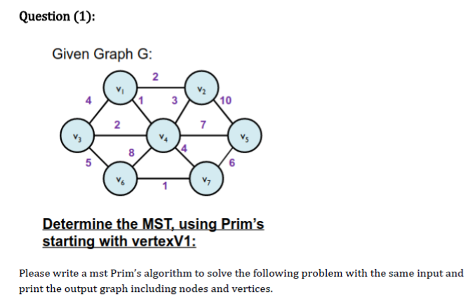 Implement in C++ Question (1): Given Graph G: 2 1 3 10
