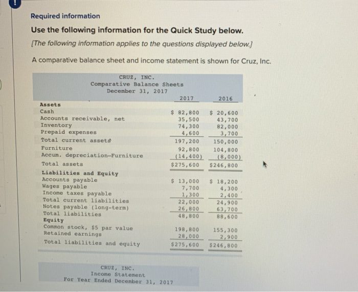  Required information Use the following information for the Quick Study below.