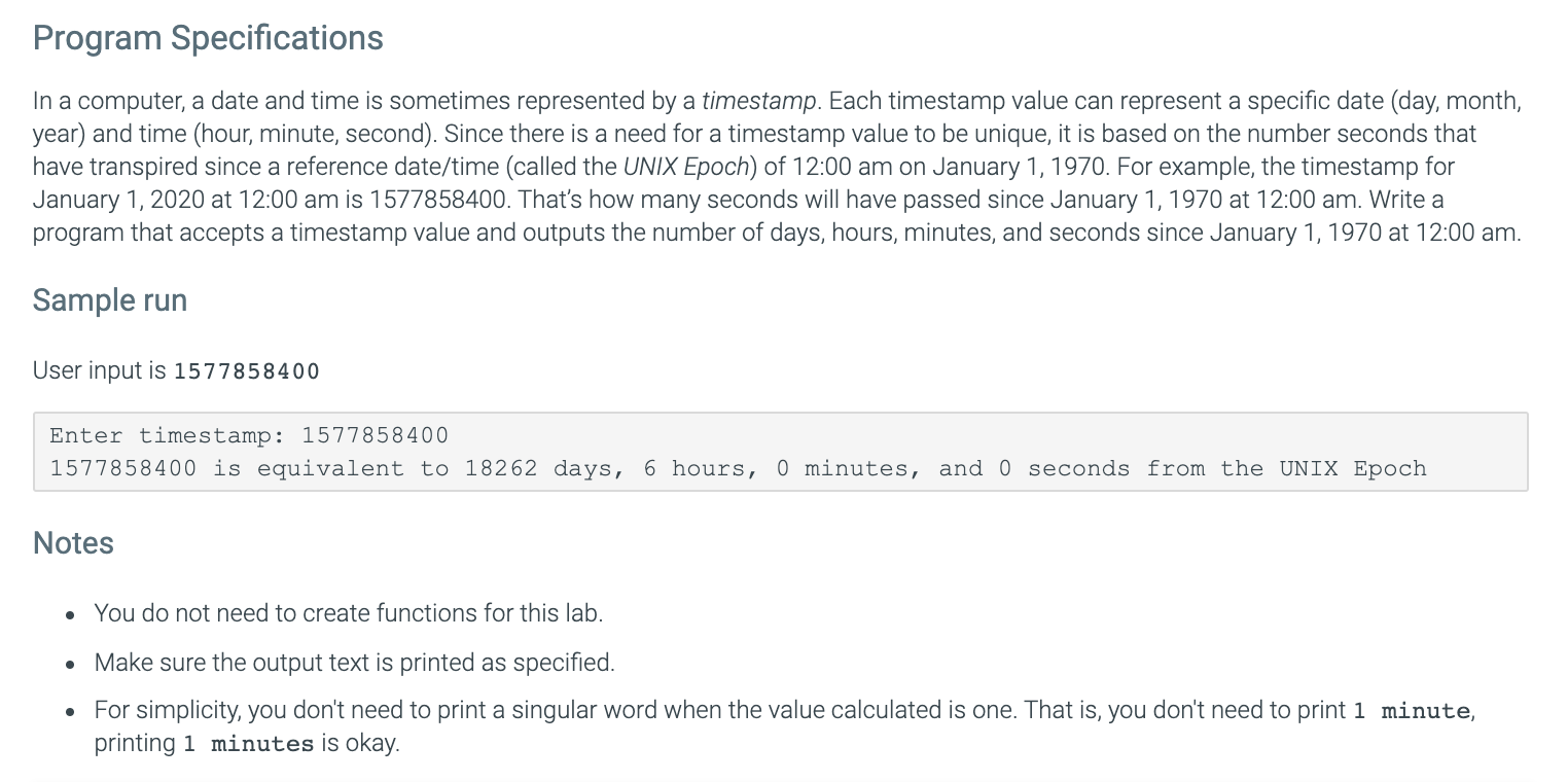  UNIX Epoch Time, PYTHON code required. Program Specifications In a computer,