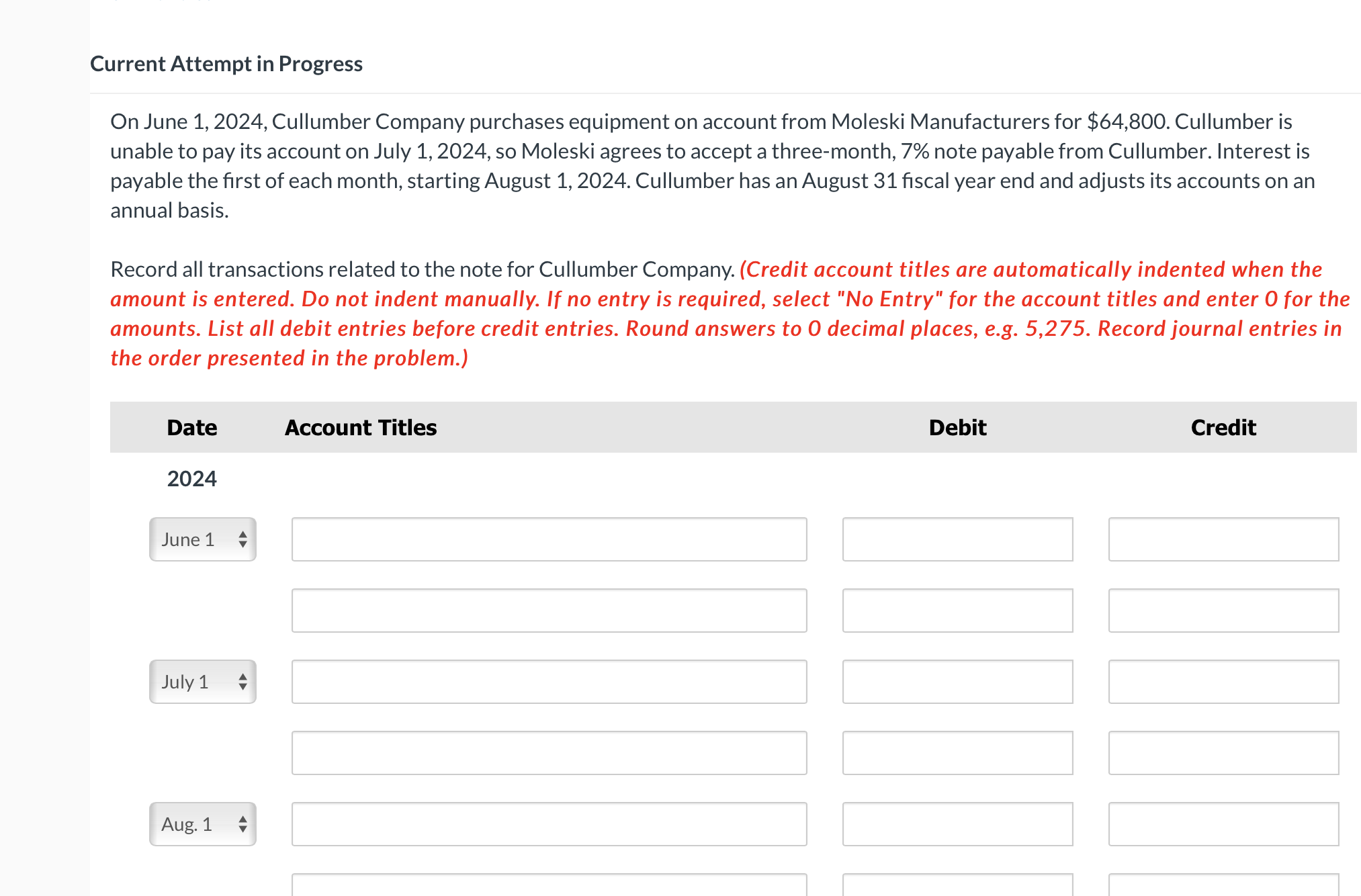  Current Attempt in Progress On June 1,2024, Cullumber Company purchases equipment