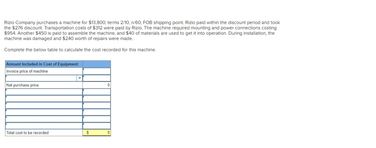  Rizio Company purchases a machine for $13,800, terms 210,n60, FOB shipping