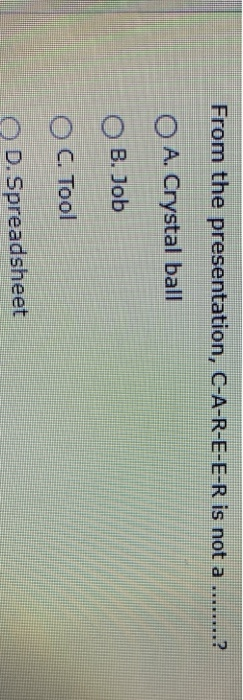  From the presentation, C-A-R-E-E-R is not a ........? O A. Crystal