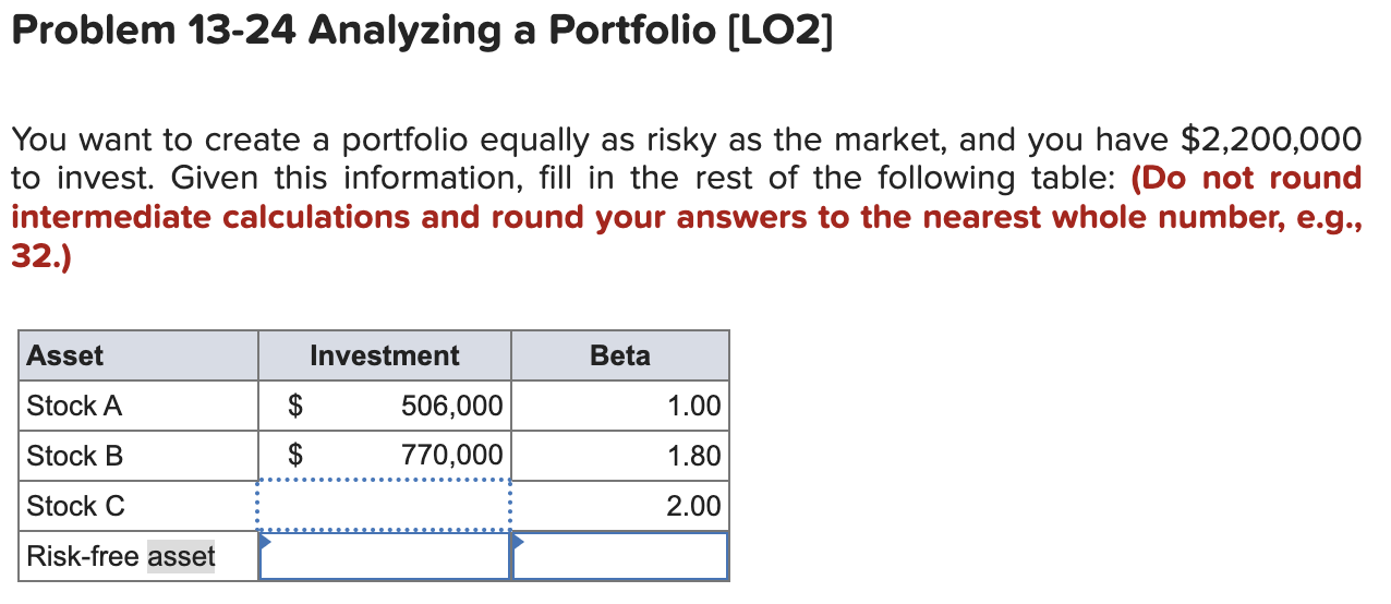  Problem 13-24 Analyzing a Portfolio [LO2] You want to create a