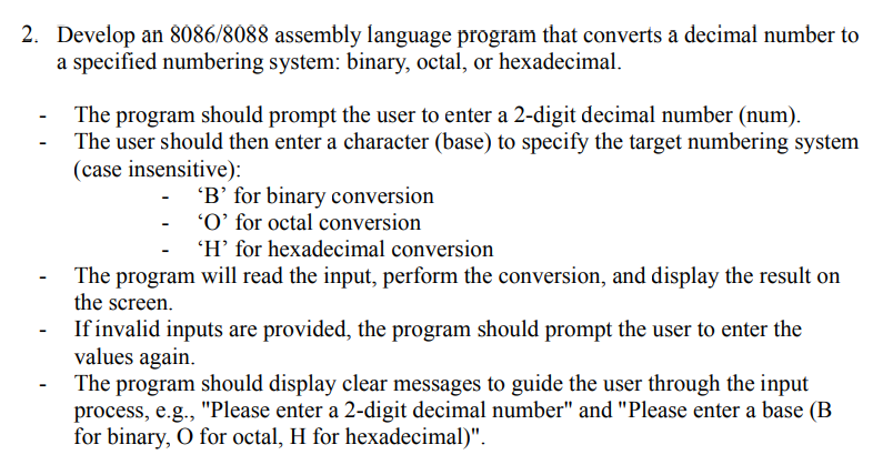  Develop an 80868088 assembly language program that converts a decimal number