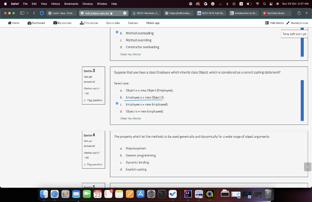 solve these with expiation b. Method overloading Time left 0:0. c. Method