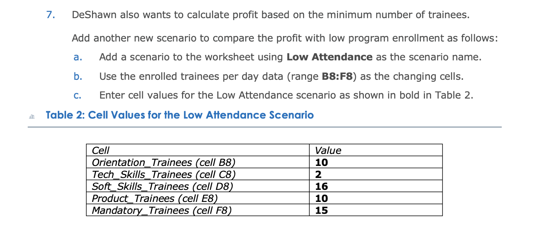 has already created a scenario named Current Enrollment that calculates profit based