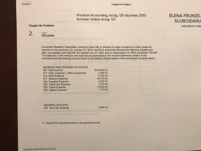  731/2017 Chaptar Six Problems Practical Accounting; Acctg. 121-Summer 2017: Summer Online