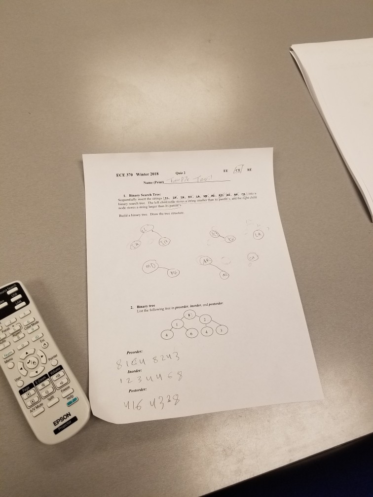 ECE 370 Winter 2018 Quiz 2 . Binary Search Tree: Sequentially