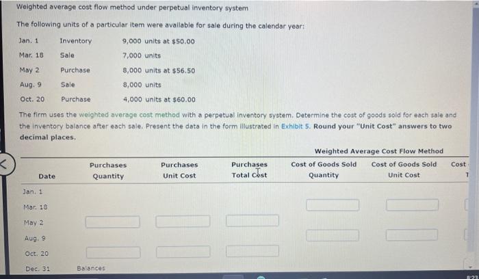  Weighted average cost flow method under perpetual inventory system The following