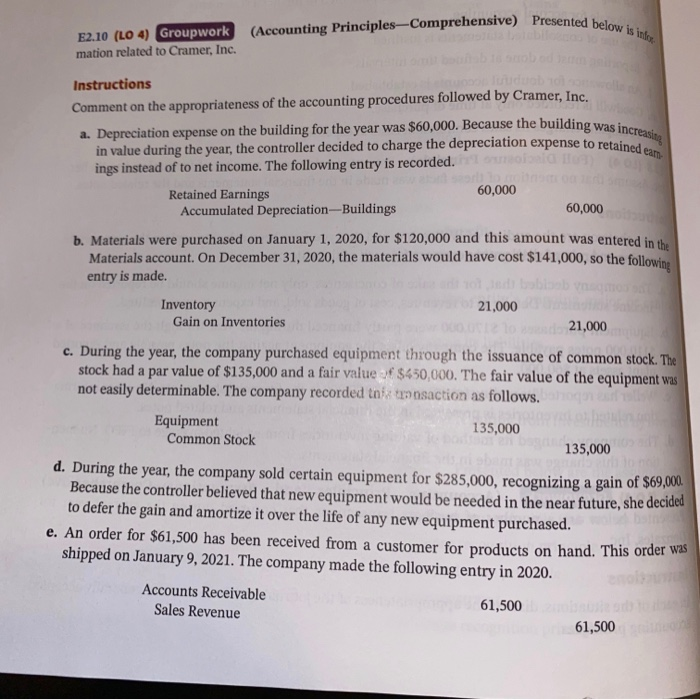  E2.10 (LO 4) Groupwork (Accounting Principles-Comprehensive) Presented below is voor in