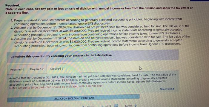 sale of division with annual income or loss from the division and