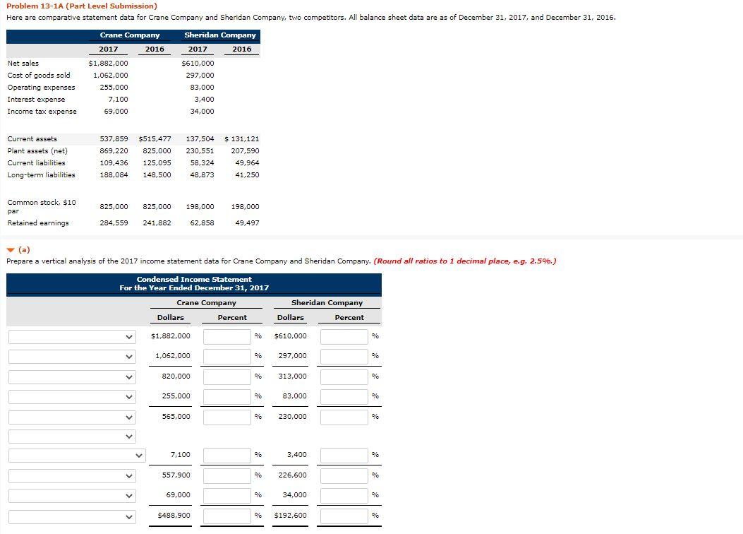  Problem 13-1A (Part Level Submission) Here are comparative statement data for