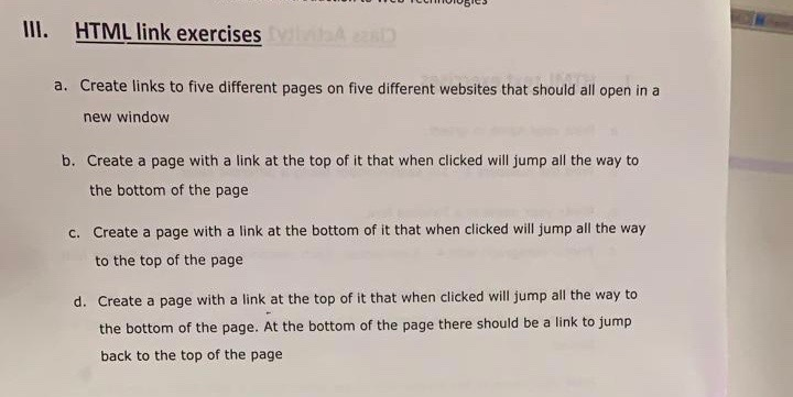  9 III. HTML link exercises a. Create links to five different